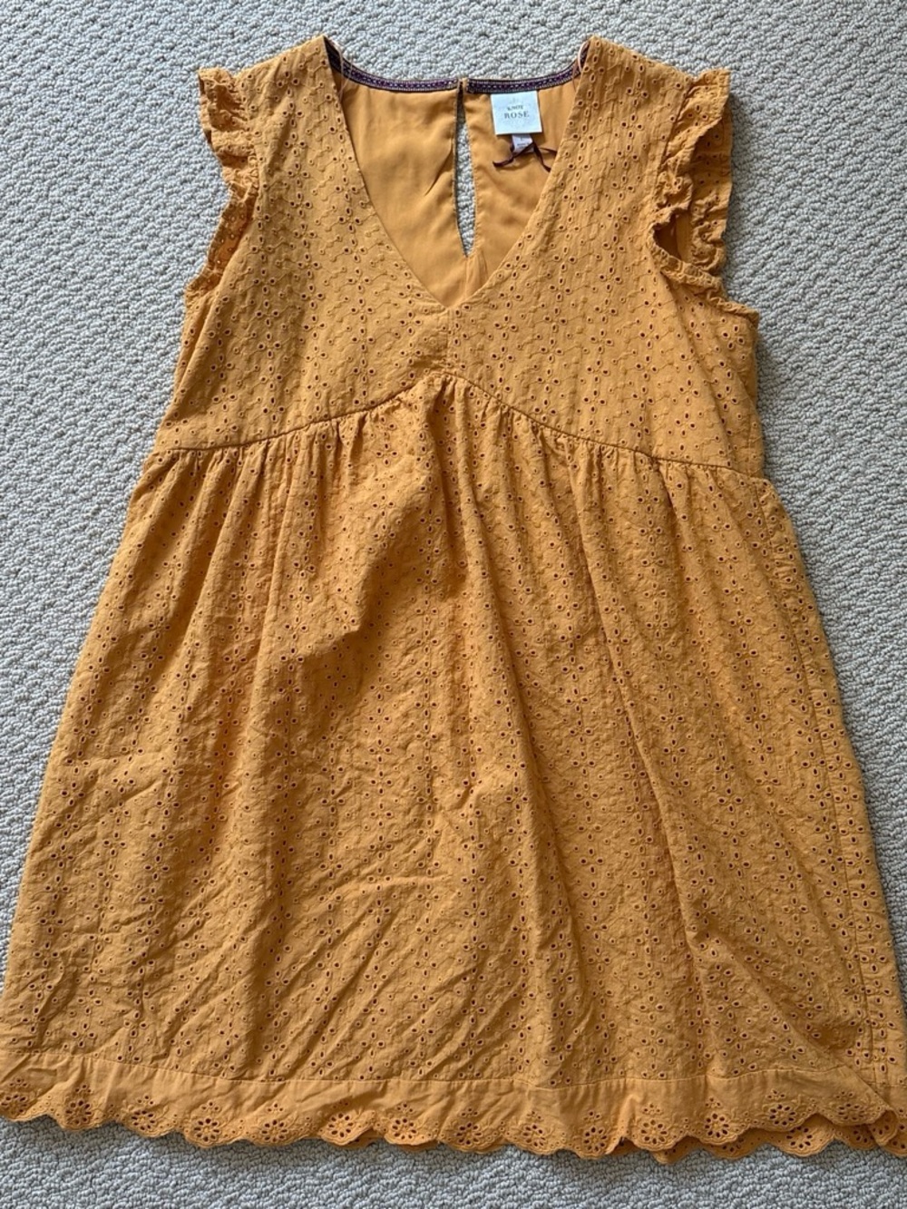 Mustard Yellow Cotton Eyelet Flutter-Sleeve Dress